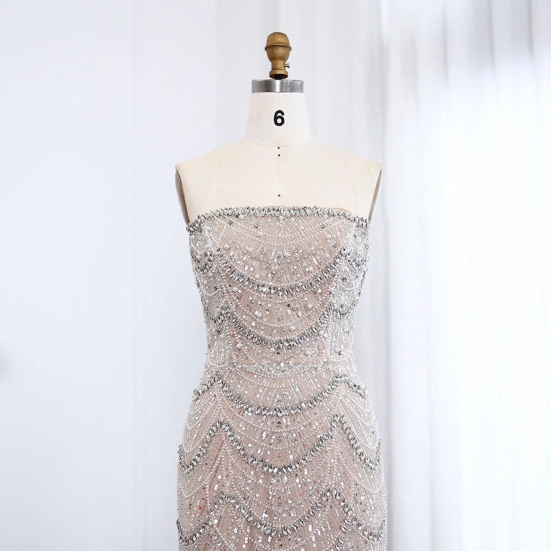 Luxury Pearls Silver Nude Strapless Arabic Evening Dress SS681