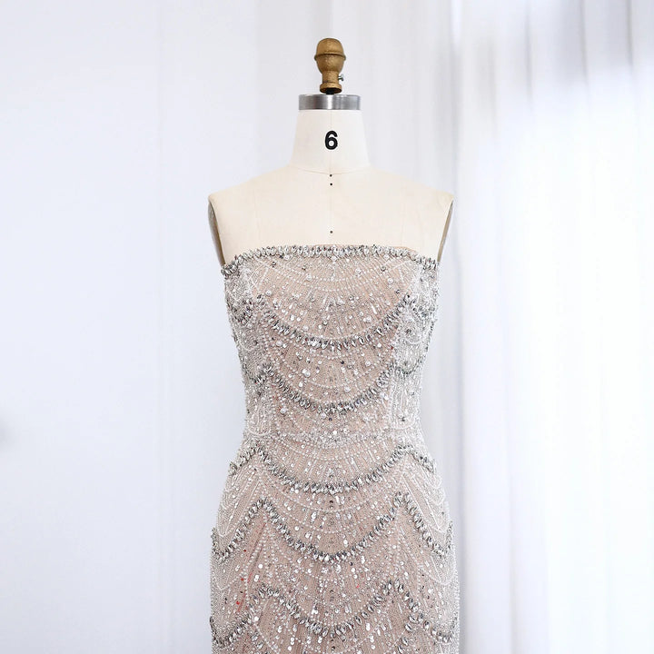 Luxury Pearls Silver Nude Strapless Arabic Evening Dress SS681