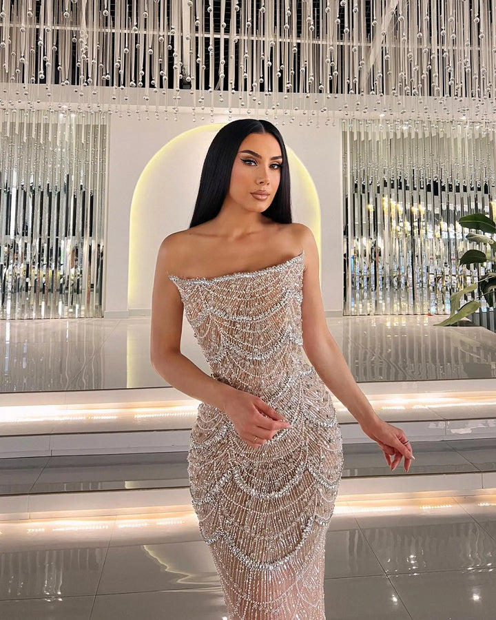 Luxury Pearls Silver Nude Strapless Arabic Evening Dress SS681