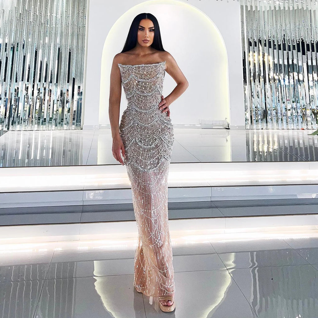 Luxury Pearls Silver Nude Strapless Arabic Evening Dress SS681 Nude / 12