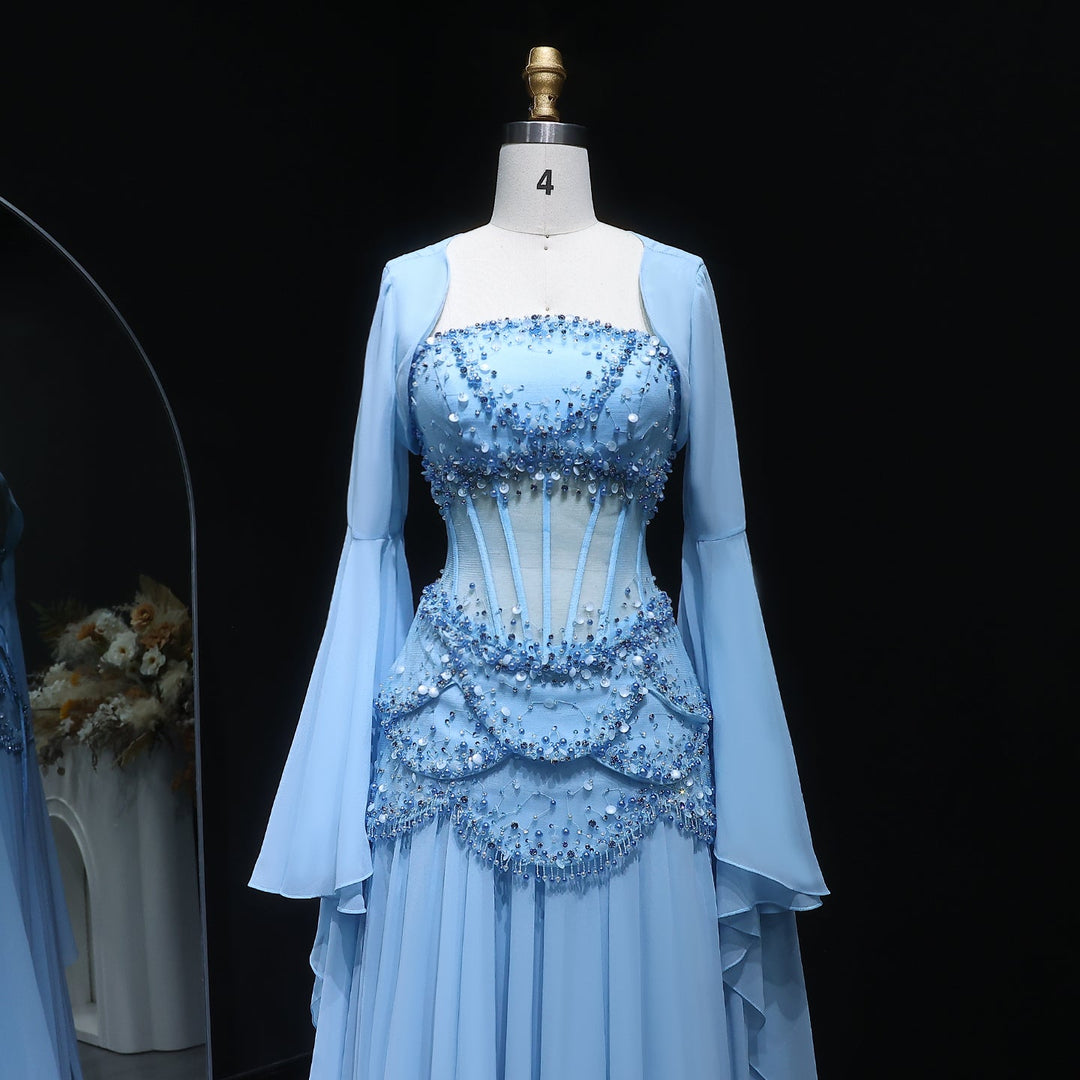 Luxury Pearls Tassel Blue Evening Dress with Flowing coat SS286