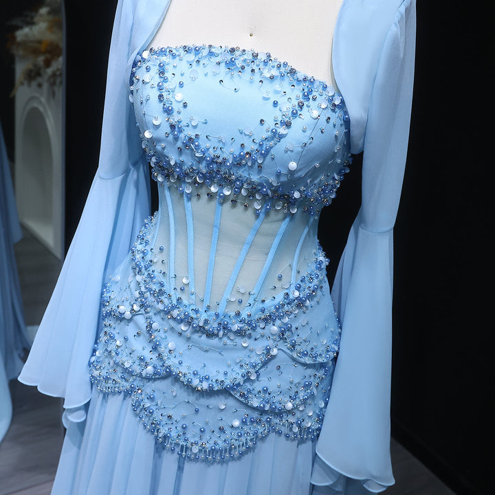 Luxury Pearls Tassel Blue Evening Dress with Flowing coat SS286