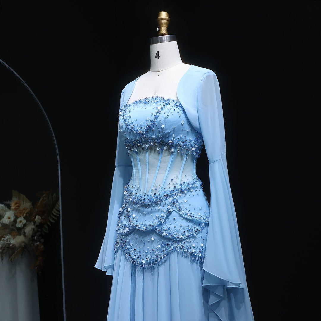 Luxury Pearls Tassel Blue Evening Dress with Flowing coat SS286