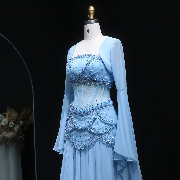 Luxury Pearls Tassel Blue Evening Dress with Flowing coat SS286