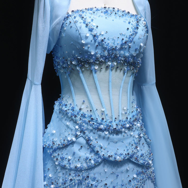 Luxury Pearls Tassel Blue Evening Dress with Flowing coat SS286