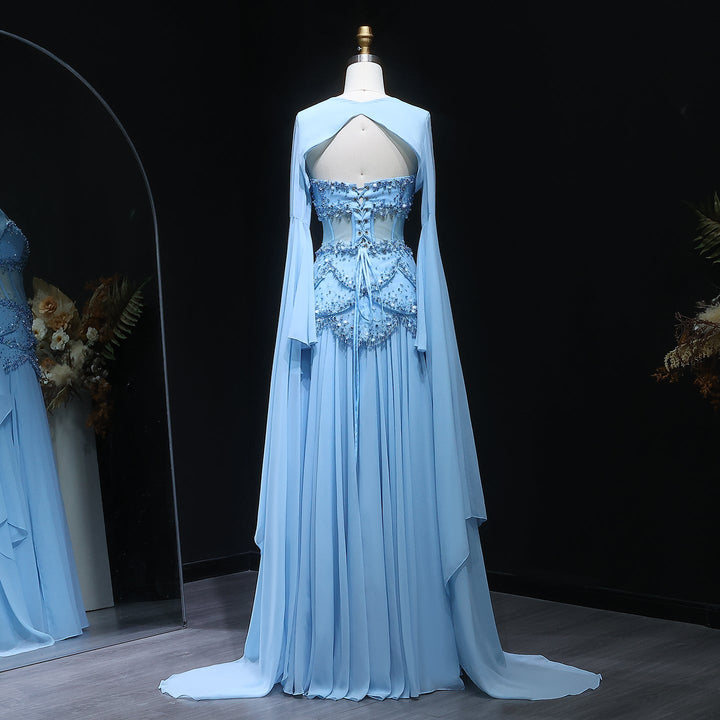 Luxury Pearls Tassel Blue Evening Dress with Flowing coat SS286