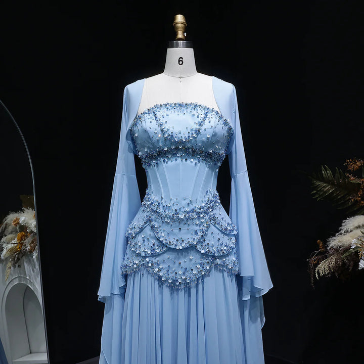 Luxury Pearls Tassel Blue Evening Dress with Flowing coat SS286-DreamyVow