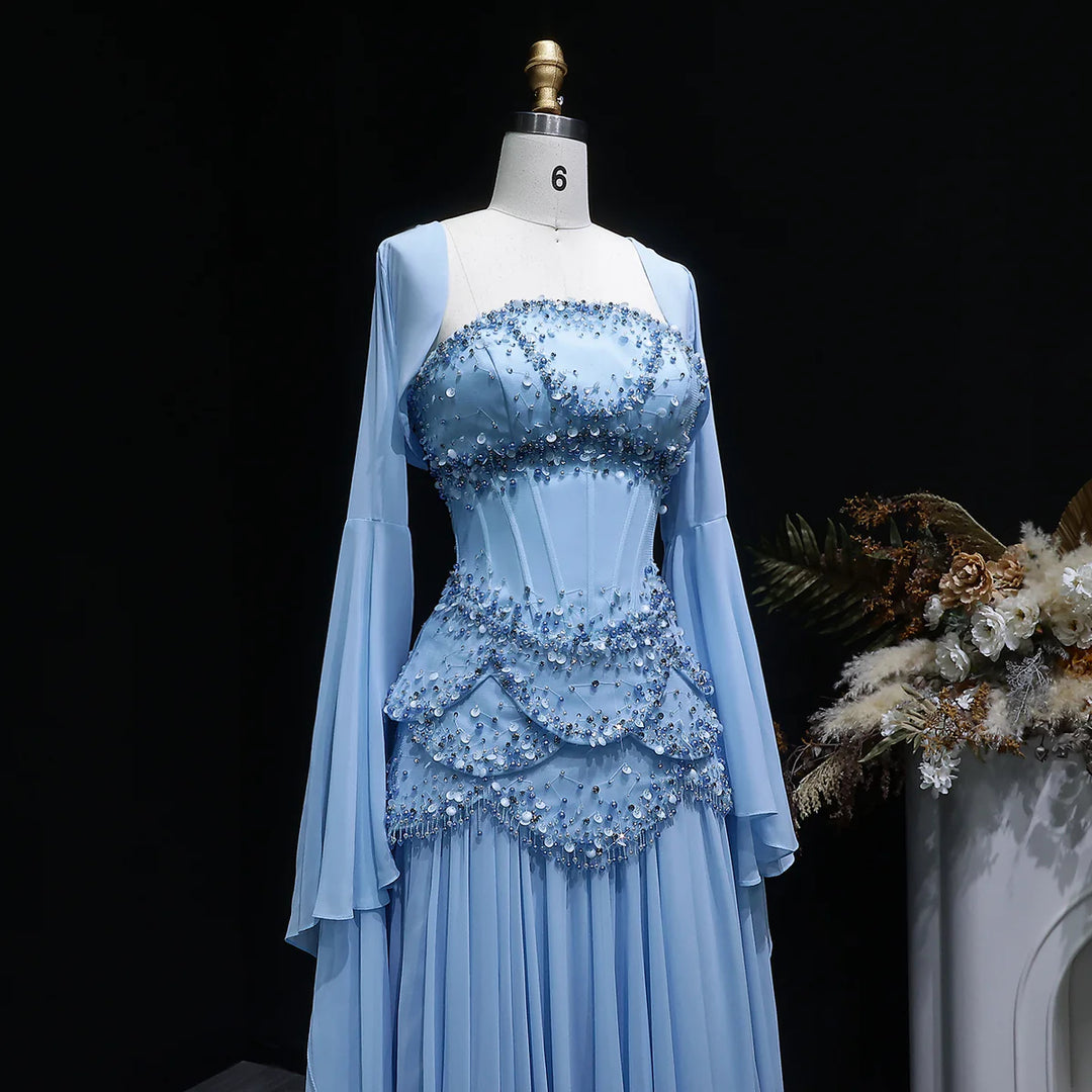 Luxury Pearls Tassel Blue Evening Dress with Flowing coat SS286 Blue Long Sleeves / 10 Luxury Pearls Tassel Blue Evening Dress with Flowing coat SS286 Blue Long Sleeves / 10