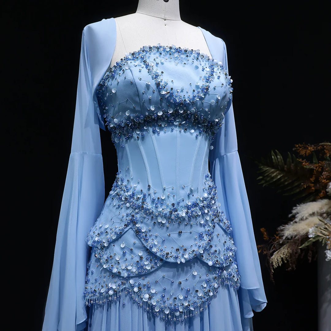 Luxury Pearls Tassel Blue Evening Dress with Flowing coat SS286 DreamyVow Luxury Pearls Tassel Blue Evening Dress with Flowing coat SS286 DreamyVow