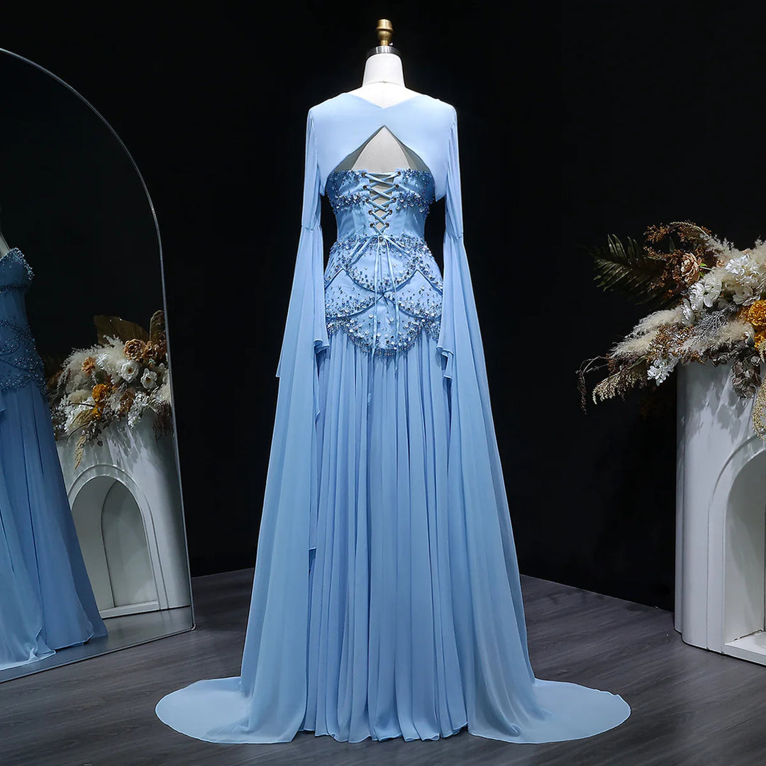 Luxury Pearls Tassel Blue Evening Dress with Flowing coat SS286 Blue Long Sleeves / 10 Luxury Pearls Tassel Blue Evening Dress with Flowing coat SS286 Blue Long Sleeves / 10
