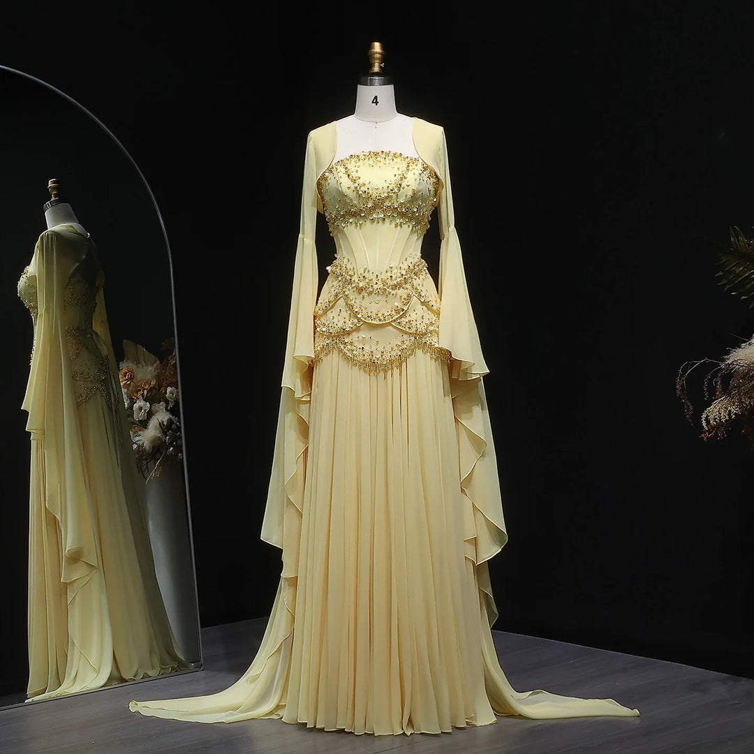 Luxury Pearls Tassel Blue Evening Dress with Flowing coat SS286