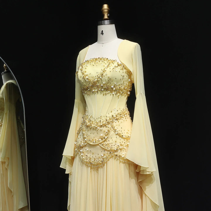 Luxury Pearls Tassel Blue Evening Dress with Flowing coat SS286