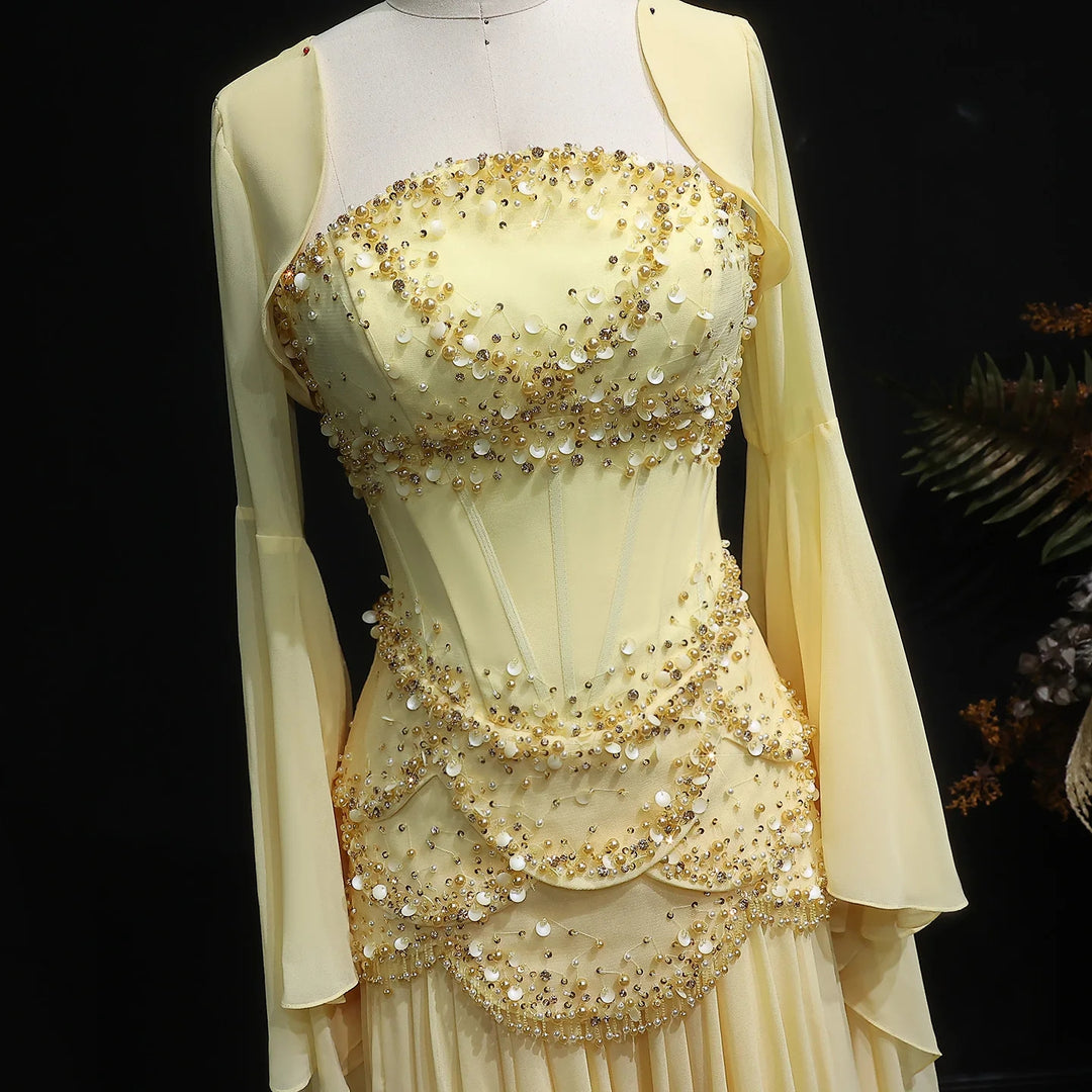Luxury Pearls Tassel Blue Evening Dress with Flowing coat SS286