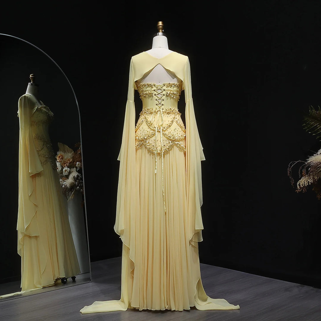 Luxury Pearls Tassel Blue Evening Dress with Flowing coat SS286 DreamyVow Luxury Pearls Tassel Blue Evening Dress with Flowing coat SS286 DreamyVow