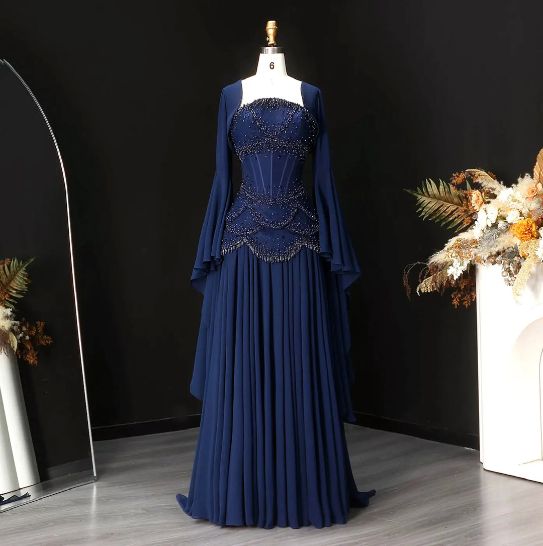 Luxury Pearls Tassel Blue Evening Dress with Flowing coat SS286-DreamyVow