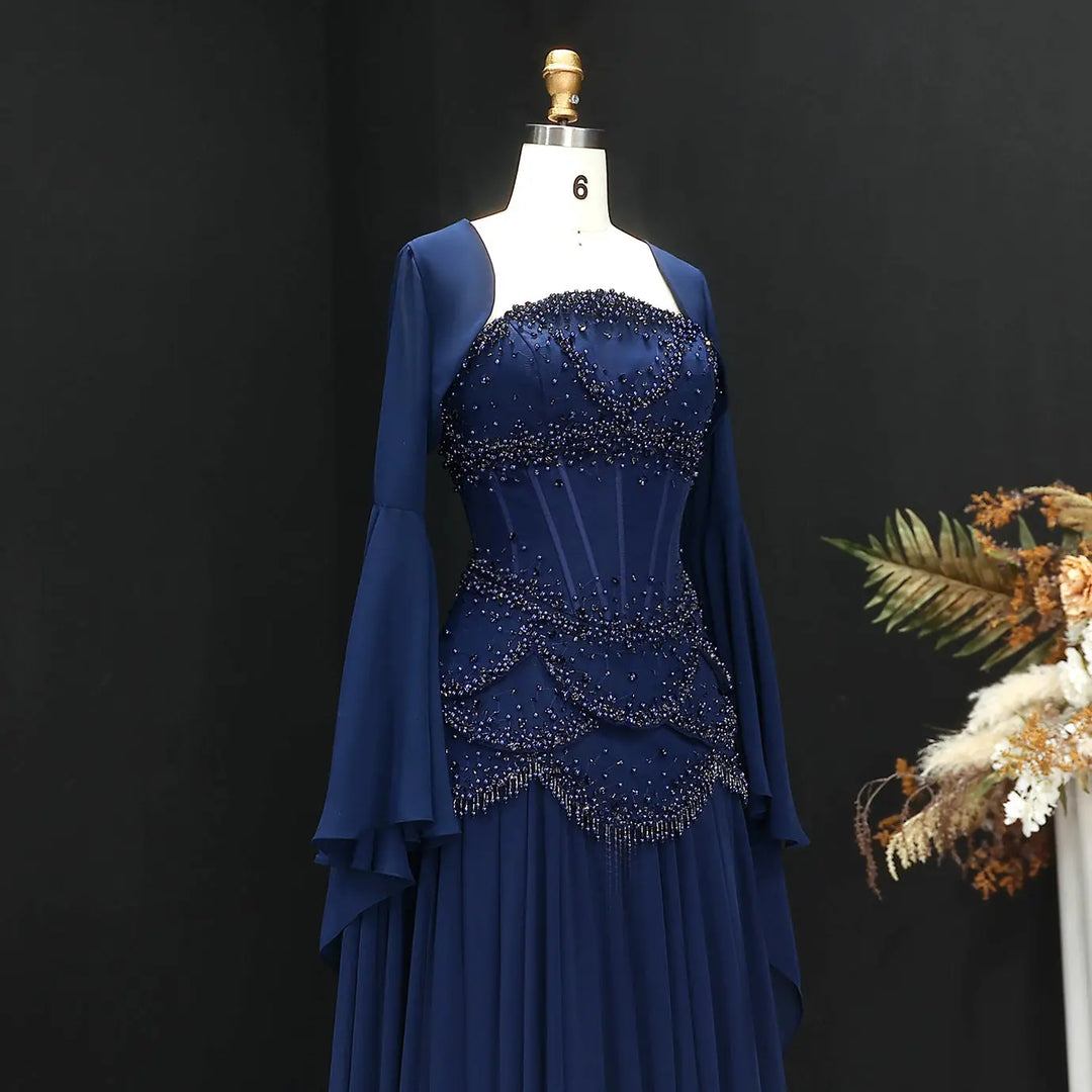 Luxury Pearls Tassel Blue Evening Dress with Flowing Coat SS286 – DreamyVow