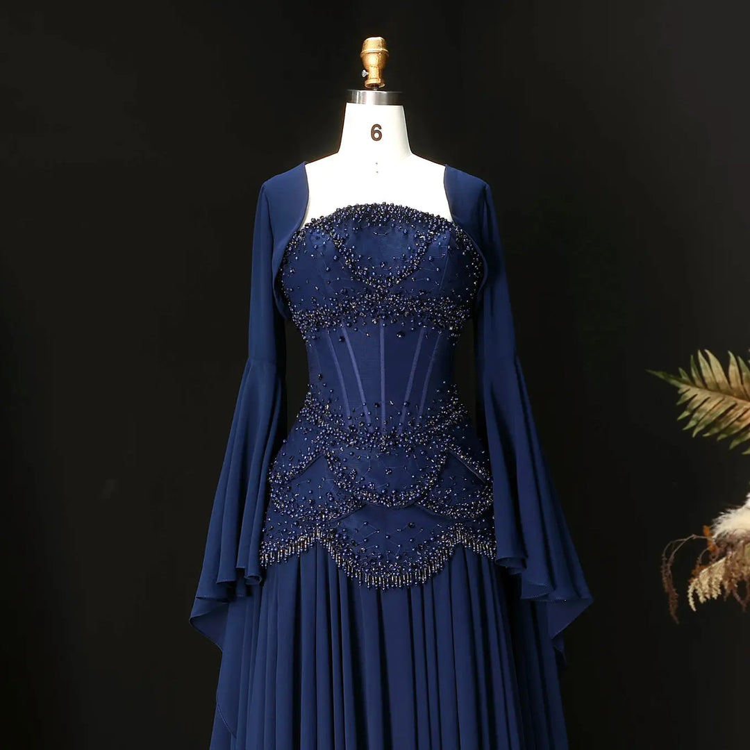 Luxury Pearls Tassel Blue Evening Dress with Flowing coat SS286-DreamyVow
