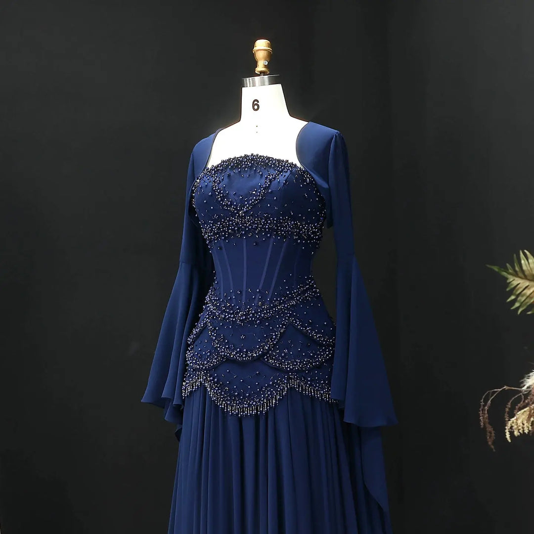 Luxury Pearls Tassel Blue Evening Dress with Flowing coat SS286-DreamyVow