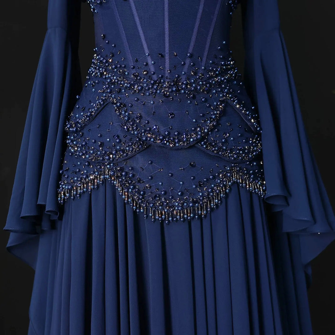 Luxury Pearls Tassel Blue Evening Dress with Flowing coat SS286-DreamyVow