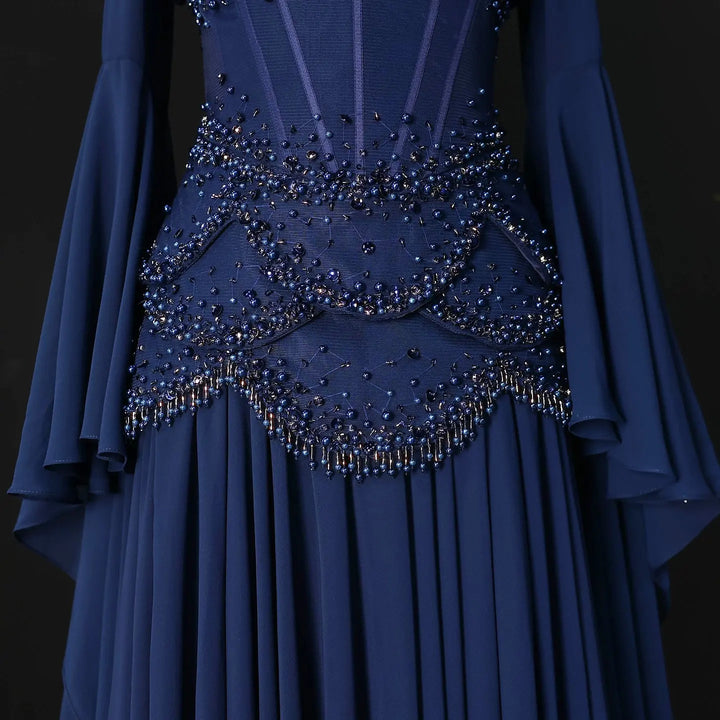 Luxury Pearls Tassel Blue Evening Dress with Flowing coat SS286-DreamyVow