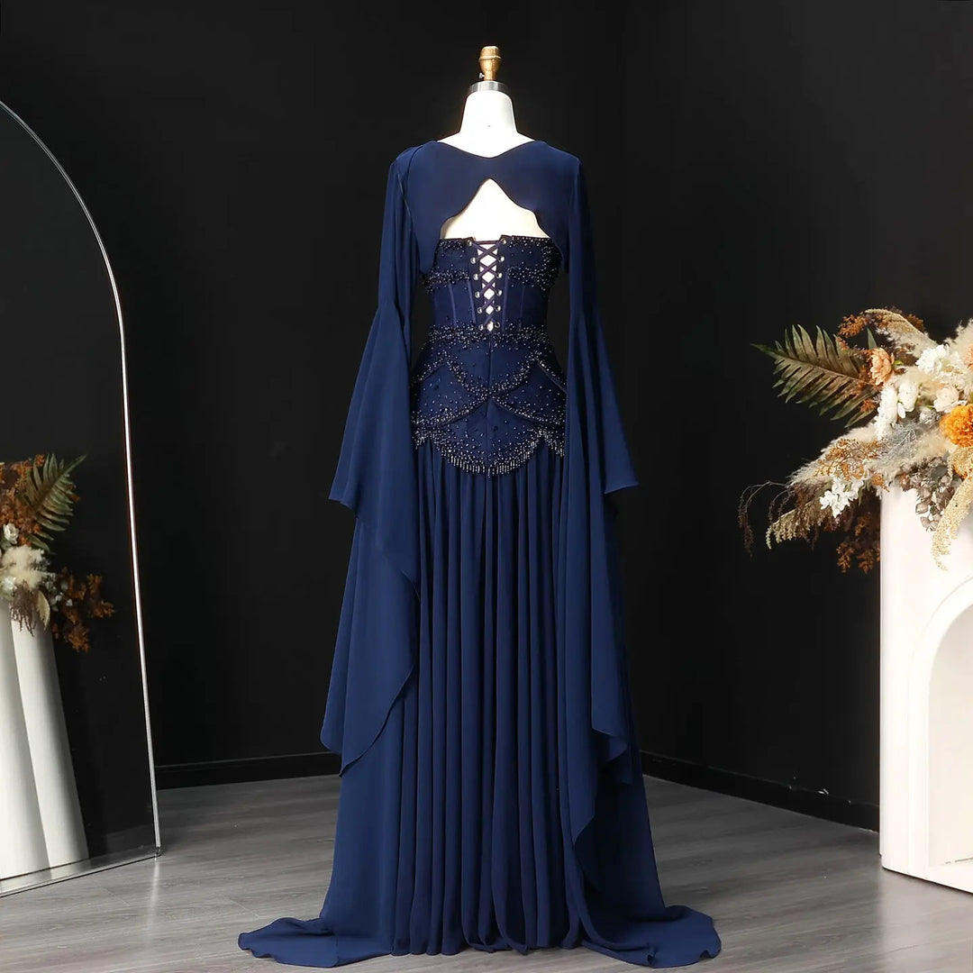 Luxury Pearls Tassel Blue Evening Dress with Flowing coat SS286-DreamyVow