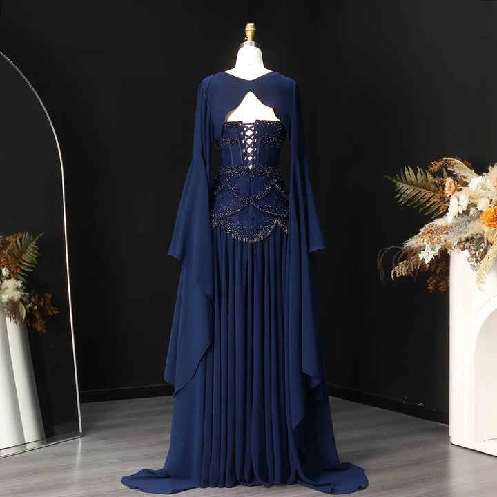 Luxury Pearls Tassel Blue Evening Dress with Flowing coat SS286-DreamyVow