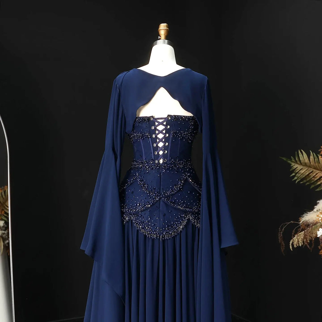 Luxury Pearls Tassel Blue Evening Dress with Flowing coat SS286-DreamyVow