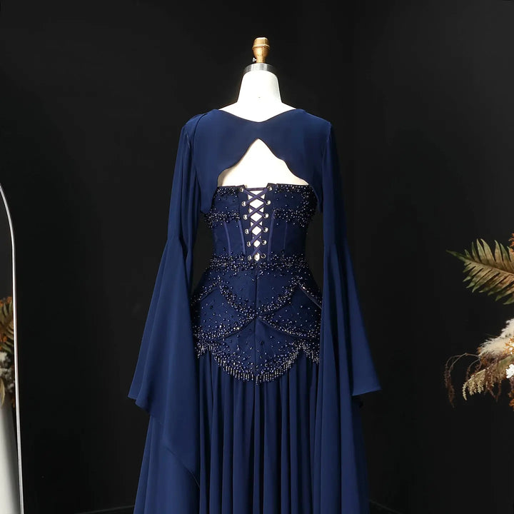 Luxury Pearls Tassel Blue Evening Dress with Flowing coat SS286-DreamyVow