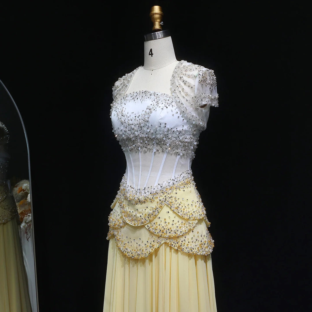 Luxury Pearls Tassel Blue Evening Dress with Flowing coat SS286