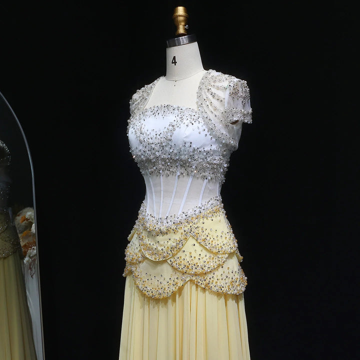 Luxury Pearls Tassel Blue Evening Dress with Flowing coat SS286