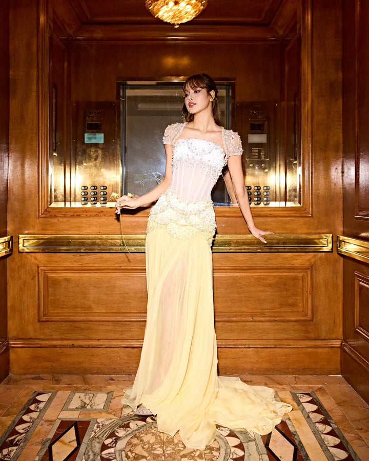Luxury Pearls Tassel Blue Evening Dress with Flowing coat SS286