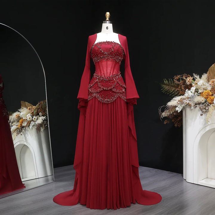 Luxury Pearls Tassel Blue Evening Dress with Flowing coat SS286-DreamyVow