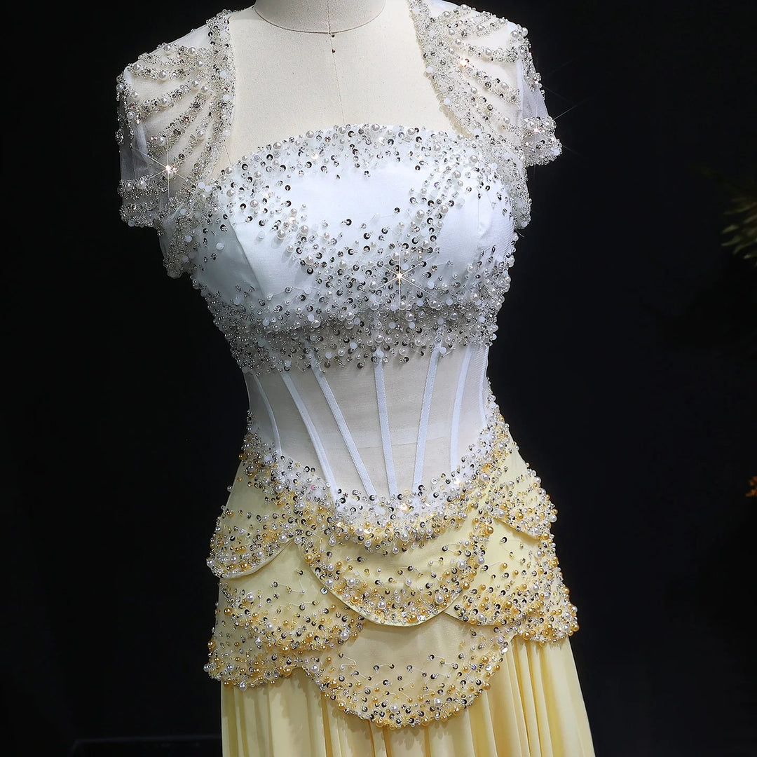 Luxury Pearls Tassel Blue Evening Dress with Flowing coat SS286