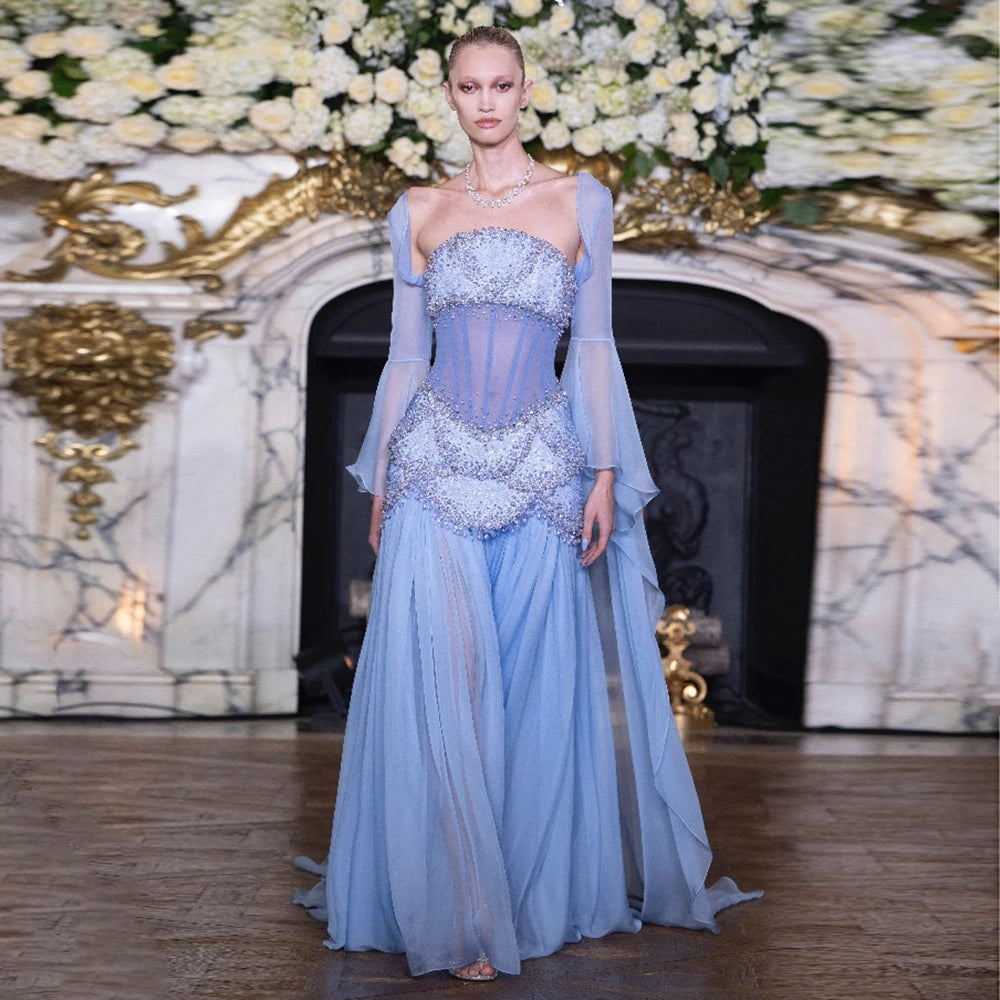 Luxury Pearls Tassel Blue Evening Dress with Flowing coat SS286