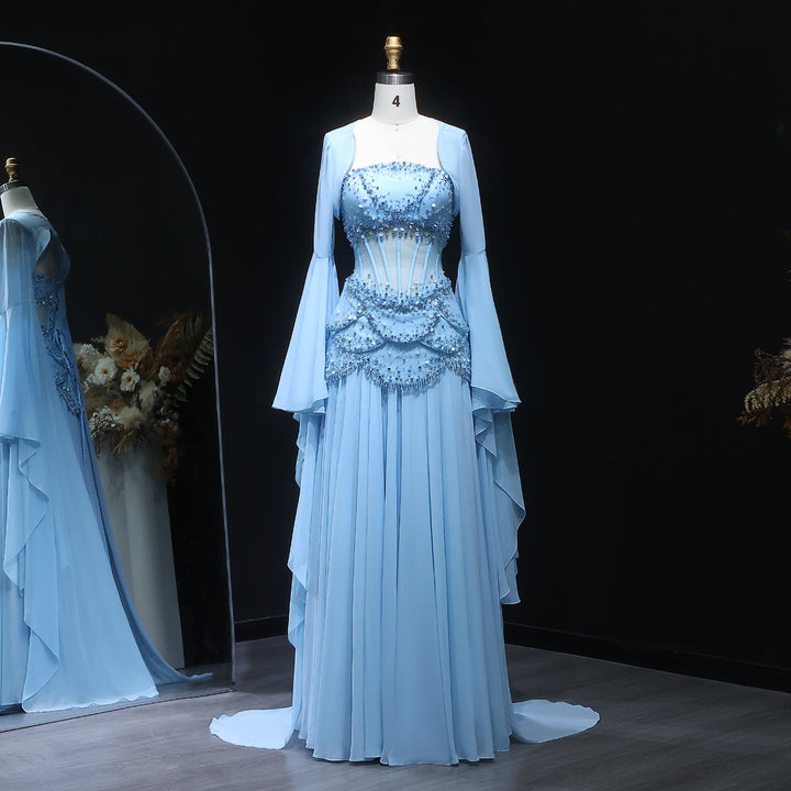 Luxury Pearls Tassel Blue Evening Dress with Flowing coat SS286