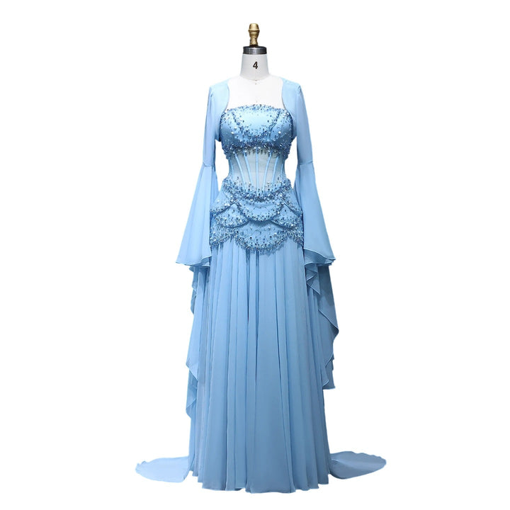 Luxury Pearls Tassel Blue Evening Dress with Flowing coat SS286