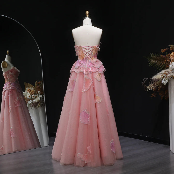 Luxury Pink 3D Floral Beaded Ball Gown Evening Dress SS749-DreamyVow