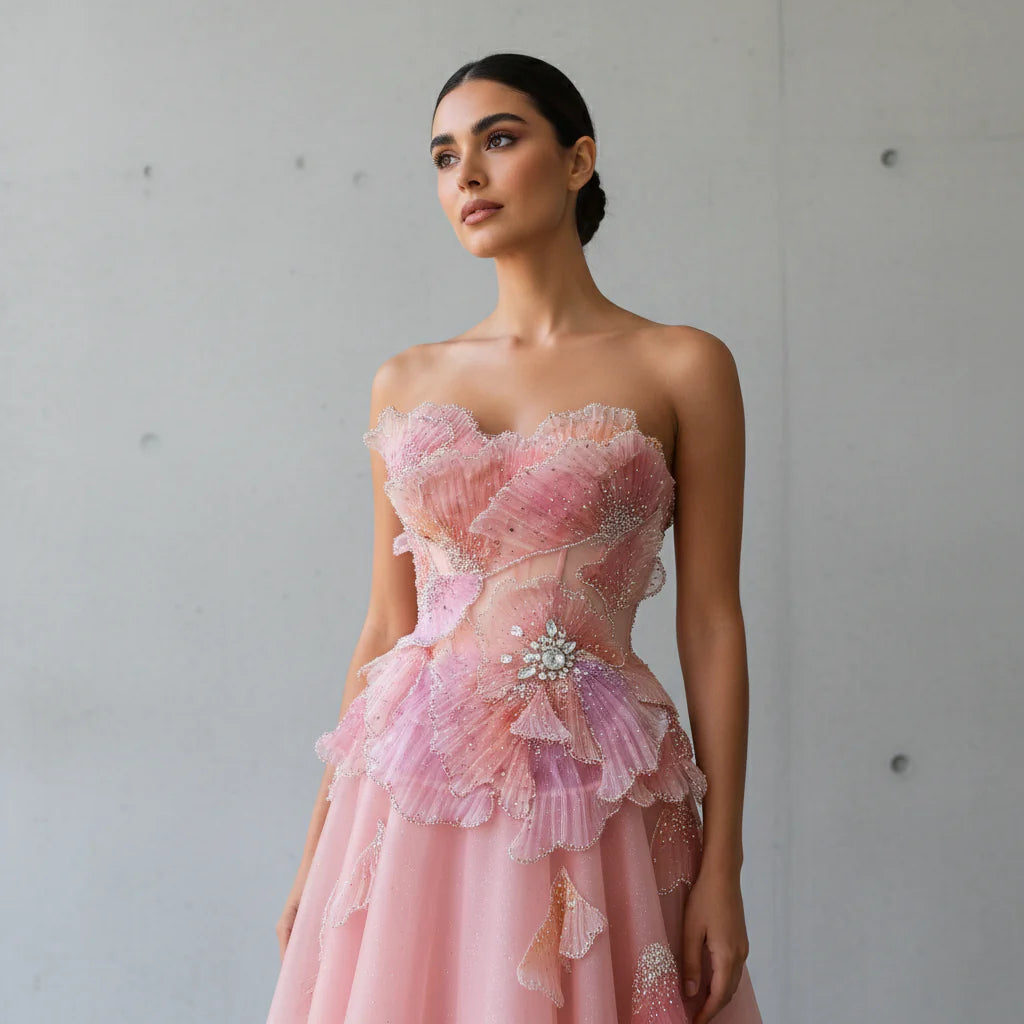 Luxury Pink 3D Floral Beaded Ball Gown Evening Dress SS749-DreamyVow