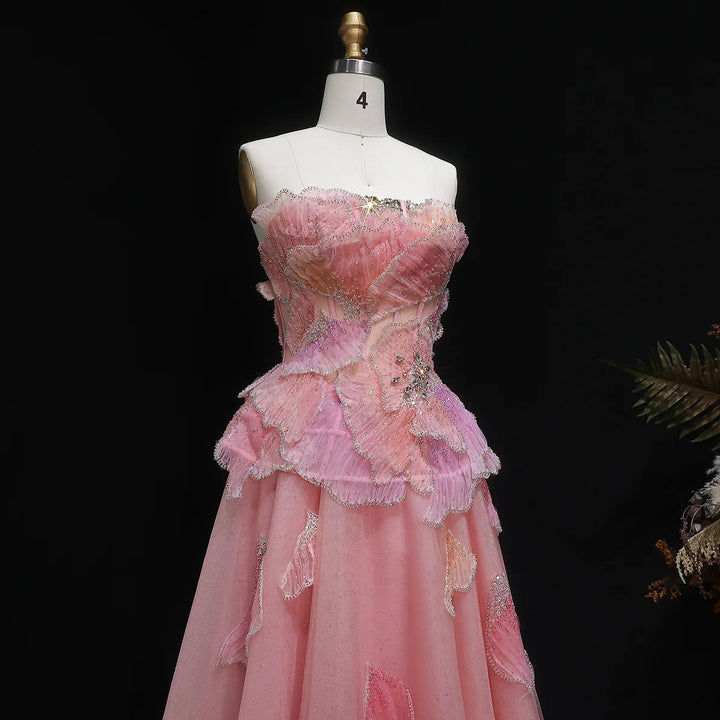 Luxury Pink 3D Floral Beaded Ball Gown Evening Dress SS749-DreamyVow