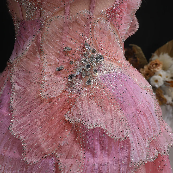 Luxury Pink 3D Floral Beaded Ball Gown Evening Dress SS749-DreamyVow