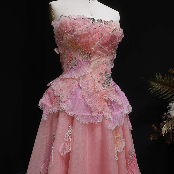 Luxury Pink 3D Floral Beaded Ball Gown Evening Dress SS749-DreamyVow