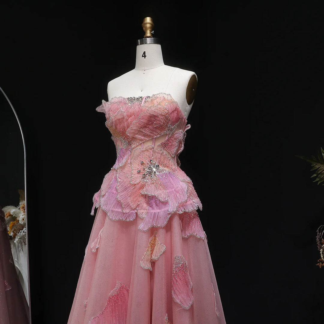 Luxury Pink 3D Floral Beaded Ball Gown Evening Dress SS749-DreamyVow