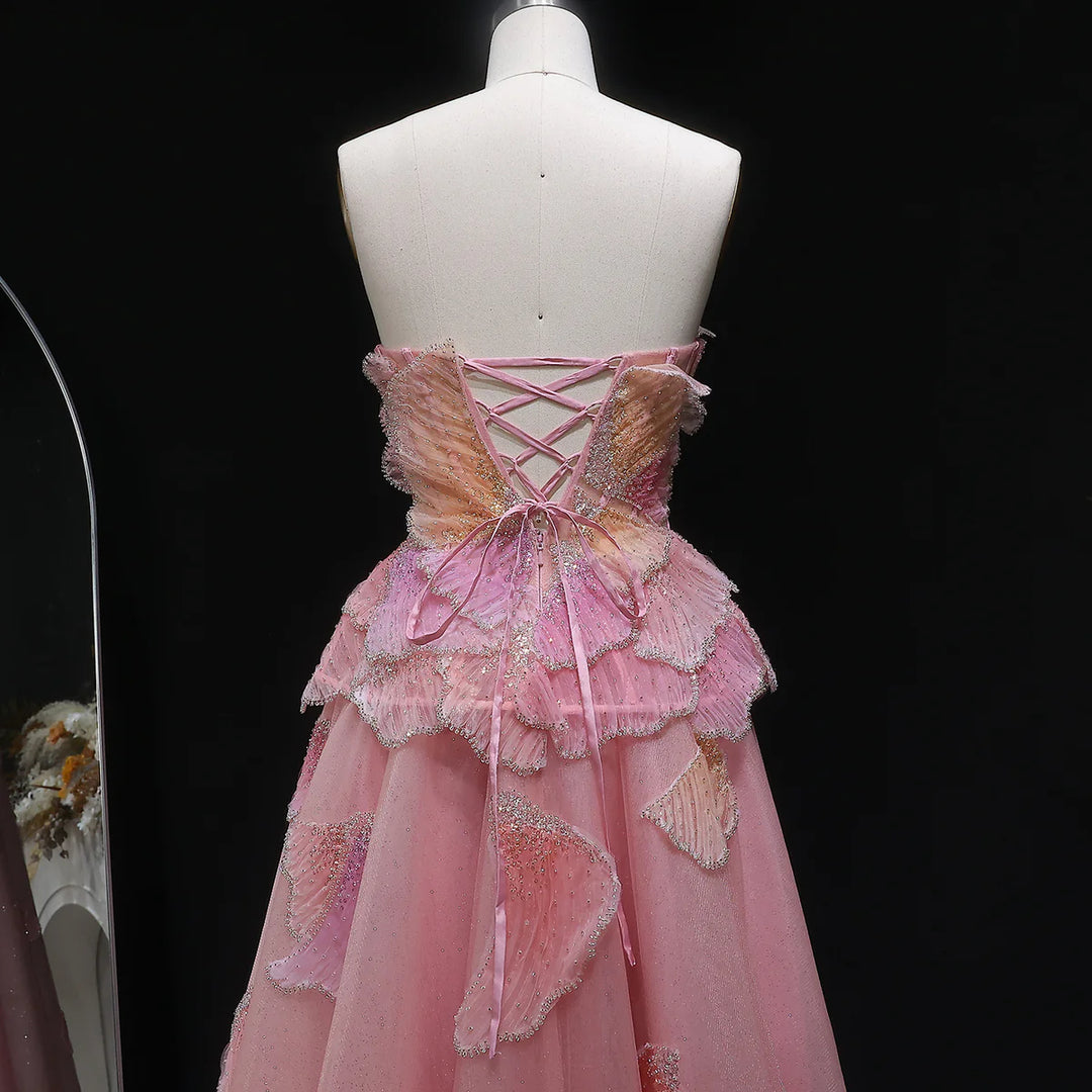 Luxury Pink 3D Floral Beaded Ball Gown Evening Dress SS749-DreamyVow