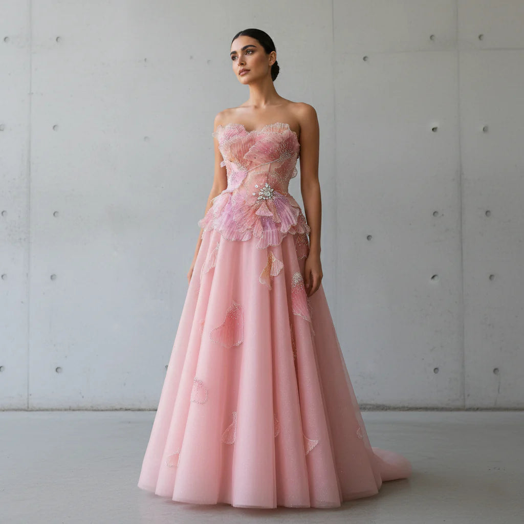 Luxury Pink 3D Floral Beaded Ball Gown Evening Dress SS749-DreamyVow