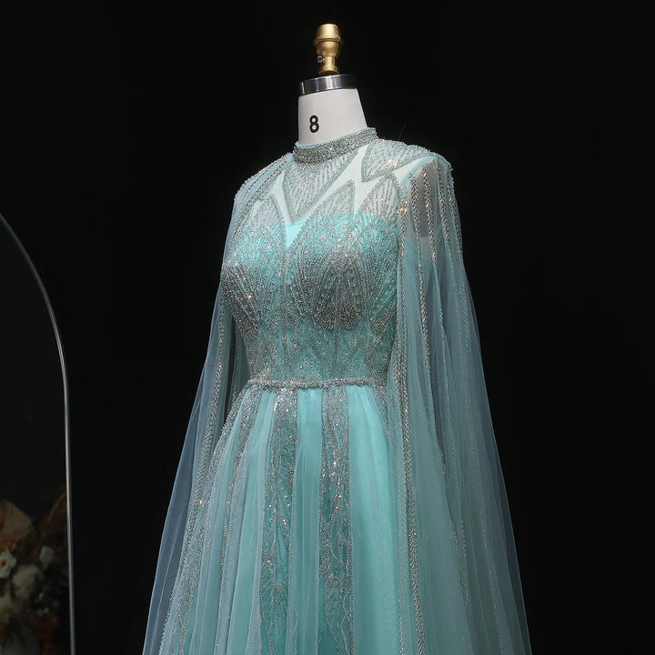 Luxury Pink Arabic Evening Dress with Cape Sleeves Gowns SS050