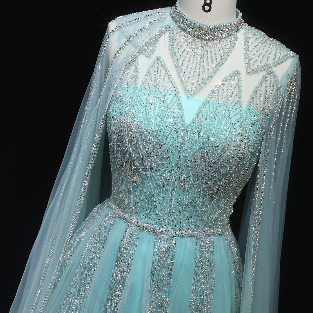 Luxury Pink Arabic Evening Dress with Cape Sleeves Gowns SS050