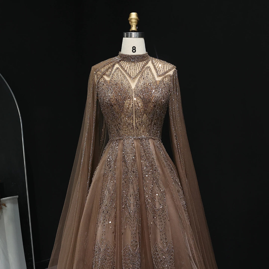 Luxury Pink Arabic Evening Dress with Cape Sleeves Gowns SS050