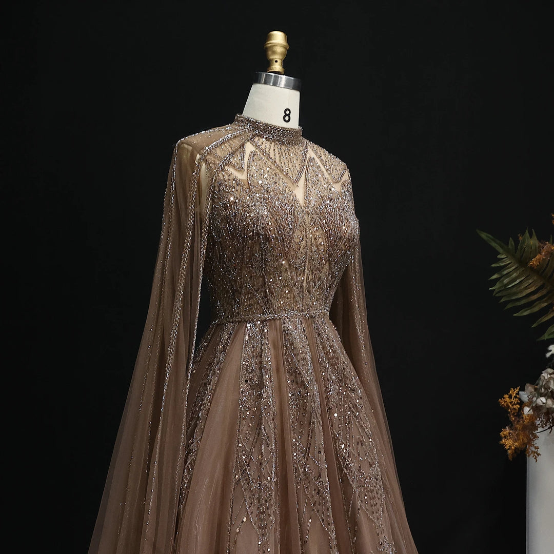 Luxury Pink Arabic Evening Dress with Cape Sleeves Gowns SS050