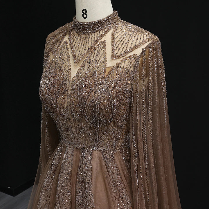 Luxury Pink Arabic Evening Dress with Cape Sleeves Gowns SS050