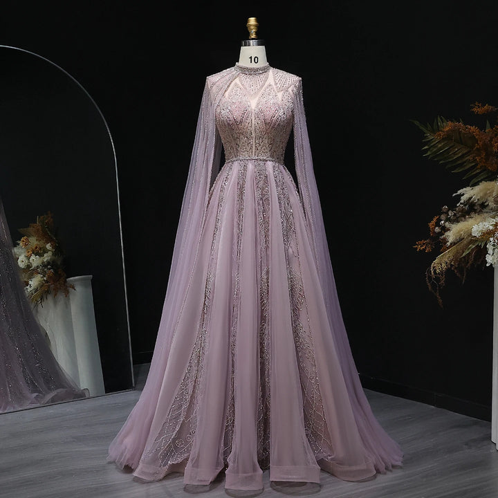 Luxury Pink Arabic Evening Dress with Cape Sleeves Gowns SS050